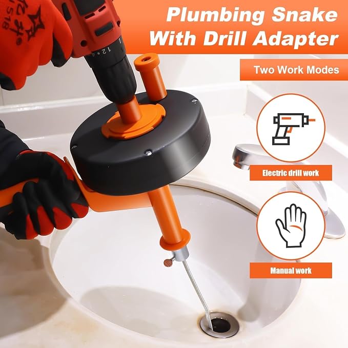 Drain Auger 25ft, Drain Clog Remover with Drill Adapter, Flexible Plumbing Snake for Kitchen, Bathroom & Shower, Manual or Drill Powered Drain Snake