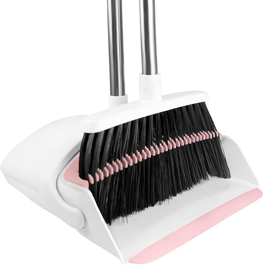 Broom with Dustpan Combo Set for Home, 52-in Long Adjustable Handle Angle Broom and Dustpan Set with Dustpan Comb Teeth for Sweeping Pet Hair Food Dirt Kitchen (White-Pink)