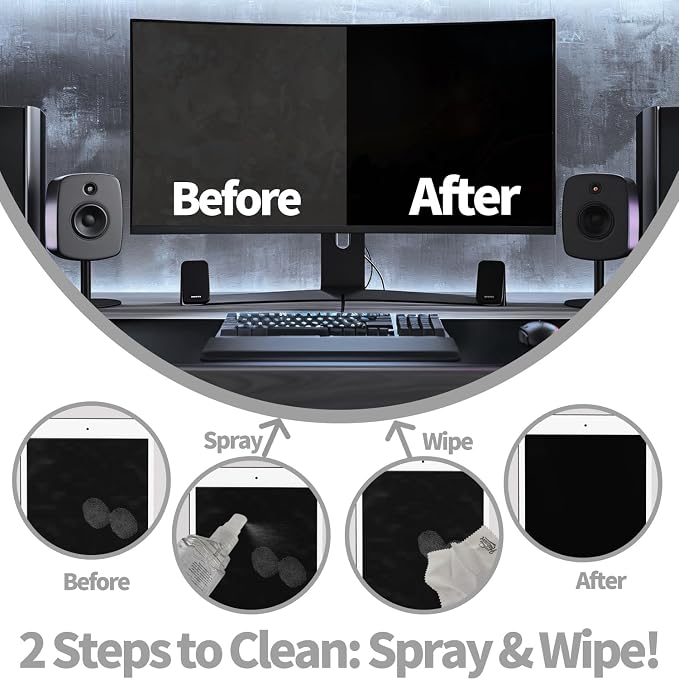 Laptop Screen Cleaner Kit: Phone Touchscreen Mist Spray and Cloth Wipes 2-Pack Grey, Hatstart Tablet Cleaning Kit for Car Display Computer TV PC Eyeglass, Compatible with iPhone, iPad, MacBook Pro