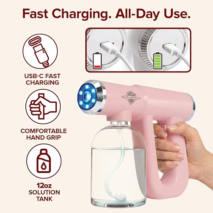 Nano Spray Gun, Electric Continuous Spray Bottle for Hair and Plants, Pink | Multipurpose Cordless Sprayer for Curly Styling, Plant Misting or Skin Care, USB-C Rechargeable Atomizer for Ultra Fine Mist