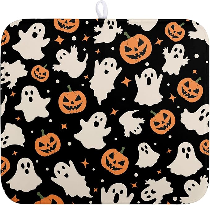 Halloween Dish Drying Mat for Kitchen Counter Pumpkin Spooky Ghosts Fall Dish Mat Absorbent Microfiber Reversible Dish Draining Mat Medium Dishes Pad 16 X 18 Inch