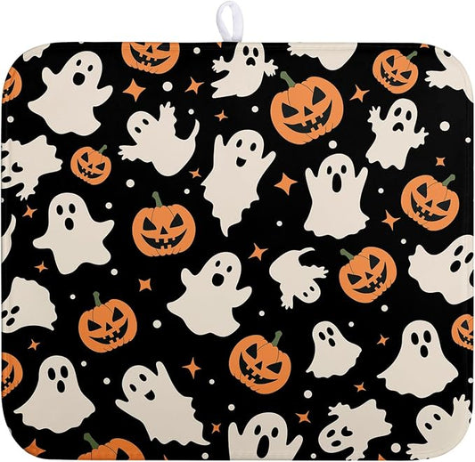 Halloween Dish Drying Mat for Kitchen Counter Pumpkin Spooky Ghosts Fall Dish Mat Absorbent Microfiber Reversible Dish Draining Mat Medium Dishes Pad 16 X 18 Inch
