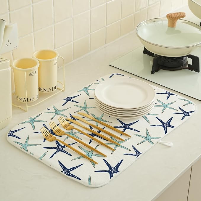 Coastal Dish Drying Mat 18x24 Inch Summer Navy Blue Teal Turquoise Starfish Summer Drying Mat Nautical Beach Ocean Absorbent Dish Drying Pad Dish Rack Drainer Mats for Kitchen Dining Counter