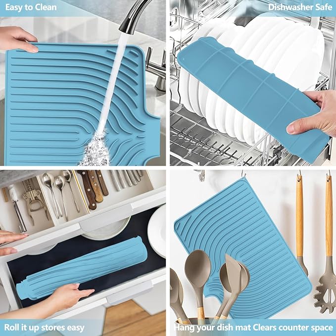 Dish Drying Mat for Kitchen Counter, with Built-in Drain Lip, Food-Grade Silicone, Easy Clean Pad for Countertop Protection, Multi-Functional Use (18x11.8, Light Blue)