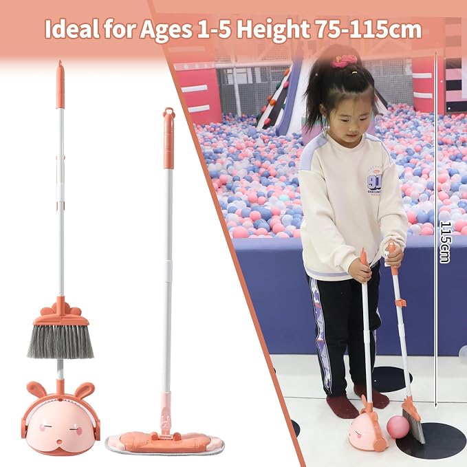 Midoneat Kids Cleaning Toy Set, Mini Child Broom, Mop and Dustpan, Little Housekeeping Helper Set ,Pretend Home Cleaning Play Set for Toddler Height 75-115cm ,6pcs (Pink)