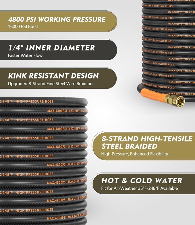 Pressure Washer Gun and Hose Kit, 4800PSI Flexible & Kink-Resistant - Steel Braided & Durable High Power Washer Hose 100 FT with 3/8" Swivel Quick Connector and M22 14mm Adapters & 5 Nozzles