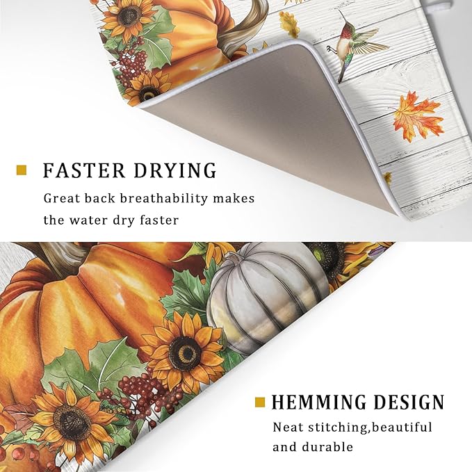 Fall Sunflower Maple Leaves Dish Drying Mat for Kitchen Counter Autumn Harvest Pumpkin Dish Drying Mat 16”x18” Thanksgiving Dishes Pad Dish Drainer Rack Mats Absorbent Fast Dry Kitchen Accessories
