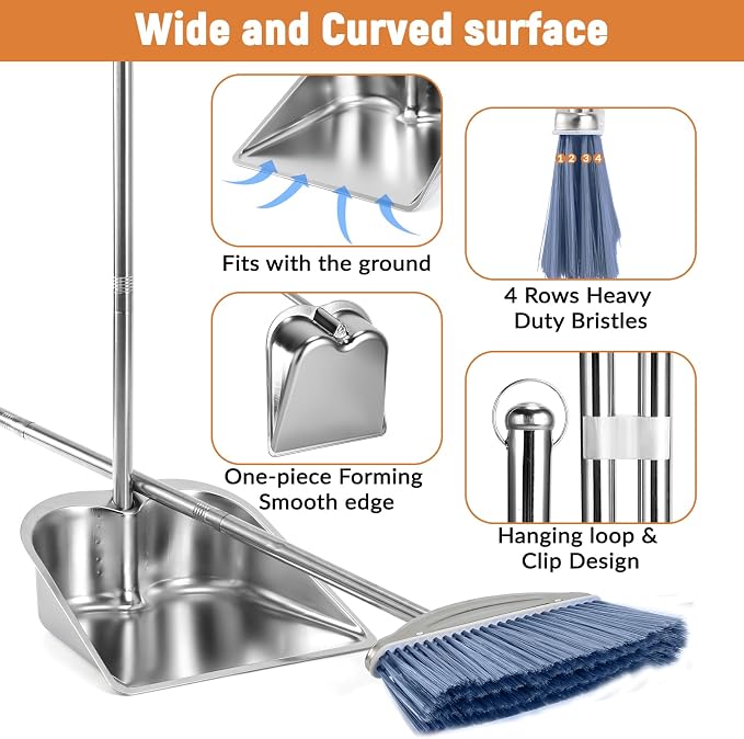 VOOWO Broom with Dustpan Combo Set, 46" Stainless Steel Broom and Dustpan Set for Home, Heavy Duty Dust Pan with Long Handle, Broom for Sweeping Indoor and Outdoor, Kitchen Broom and Dust Pan (Grey)