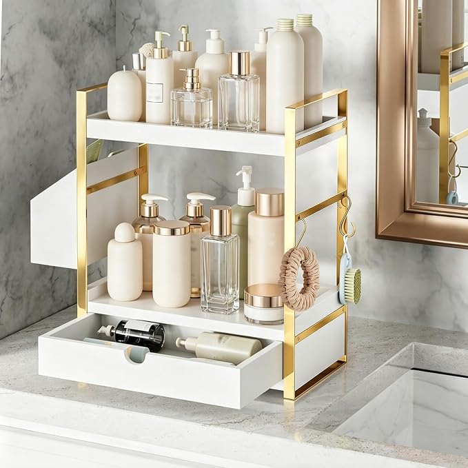 2-Tier Bathroom Counter Organizer with Drawer and Basket, Wood Countertop Organizer for Storage, Skincare Organizers for Vanity, Counter Shelf for Bathroom Organization(White-gold)