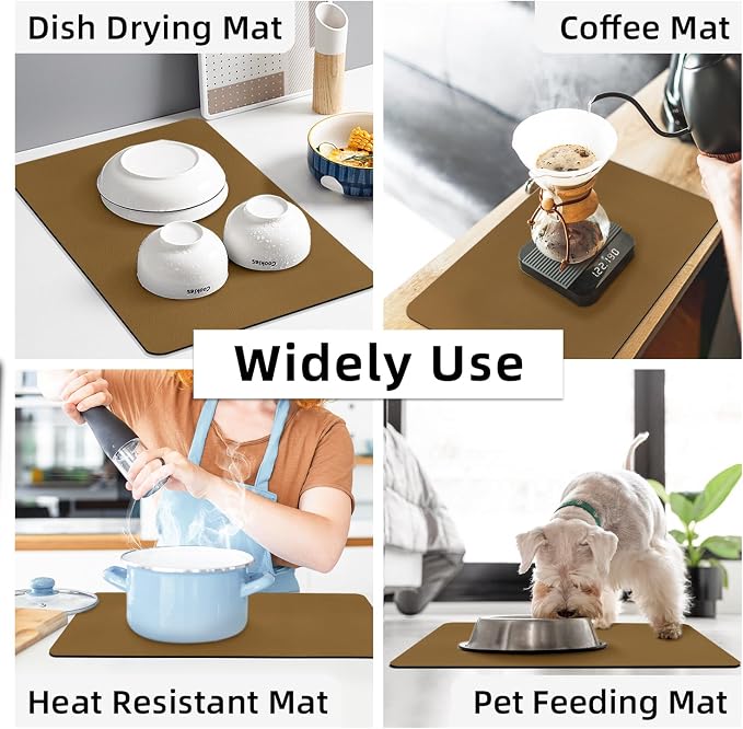 LOPNUR Kitchen Dish Drying Mat, 24"x16" Large Dish Drying Mats for Kitchen Counter, Diatomite Coffee Mat, Super Absorbent Dish Drying Pad, Heat Resistant Mat with Anti-slip Rubber Backed, Brown