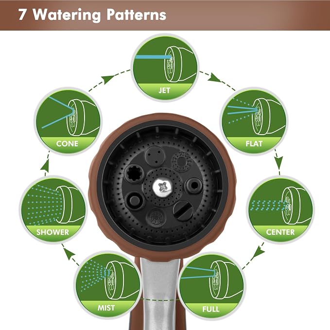 RESTMO Heavy Duty Metal Hose Wand, Watering Wand for Garden Hose | 180° Swivel Ratcheting Head, 16'' Hose Sprayer, 7 Spray Patterns, Flow Control, Ideal for Hanging Baskets & Shrubs, Brown