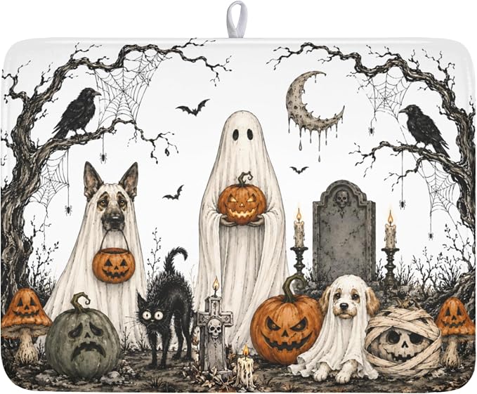 Halloween Ghost Dish Drying Mat for Kitchen Counter Spooky Pumpkins Dog Cat Crow Pattern Microfiber Dish Drainer Mat Vintage Holiday Absorbent Washable Drying Pad 18"x24"