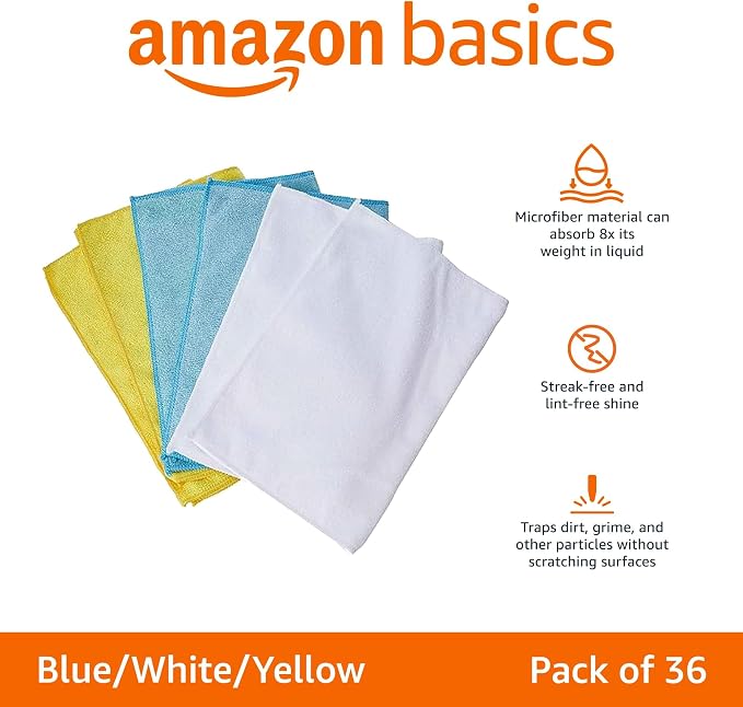 Amazon Basics Microfiber Cleaning Cloths, Ultra Absorbent, Scratch-Free, Highly Absorbent, Non-Abrasive, Reusable and Washable, 16" x 12", Blue/White/Yellow, (Pack of 288)