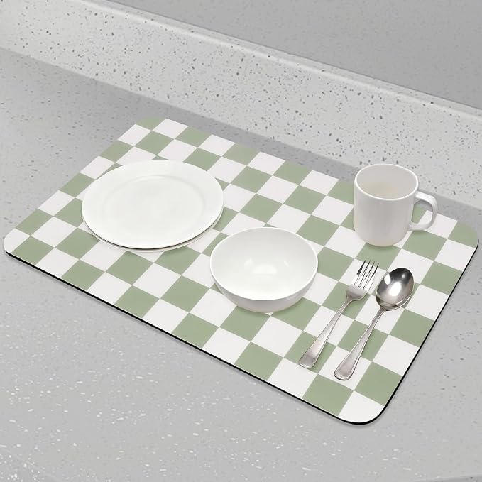 CooRug Checkered Dish Drying Mat, 16" x 24", Green | Absorbent, Leak-Proof, Non-Slip, Heat Resistant, For Kitchen Counter & Coffee Bar, Eco-friendly Materials, Easy to Clean