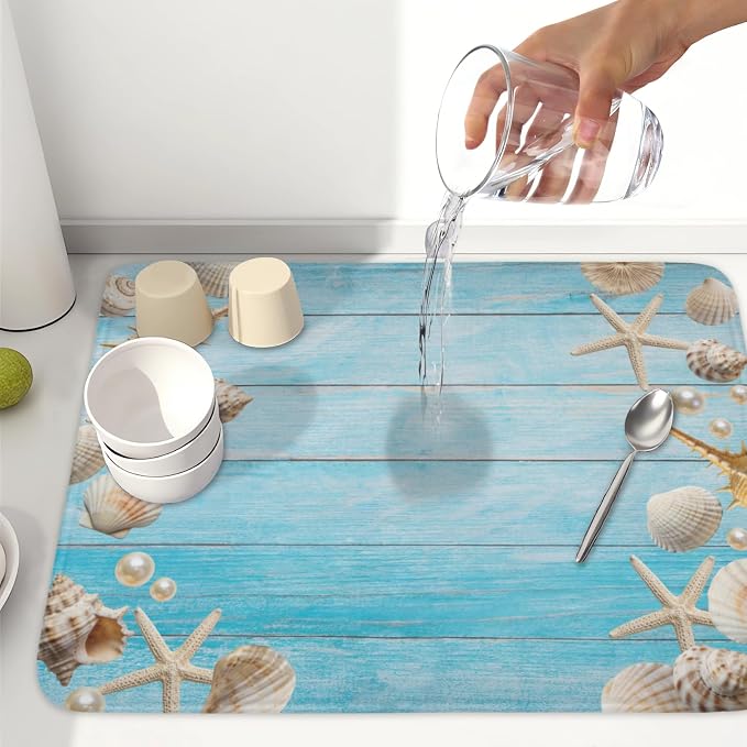 Summer Coastal Dish Drying Mat for Kitchen Counter Seashell Starfish Blue Wooden Board Microfiber Dish Drainer Mat Ocean Nautical Absorbent Washable Drying Pad Extra Large 18"x24"