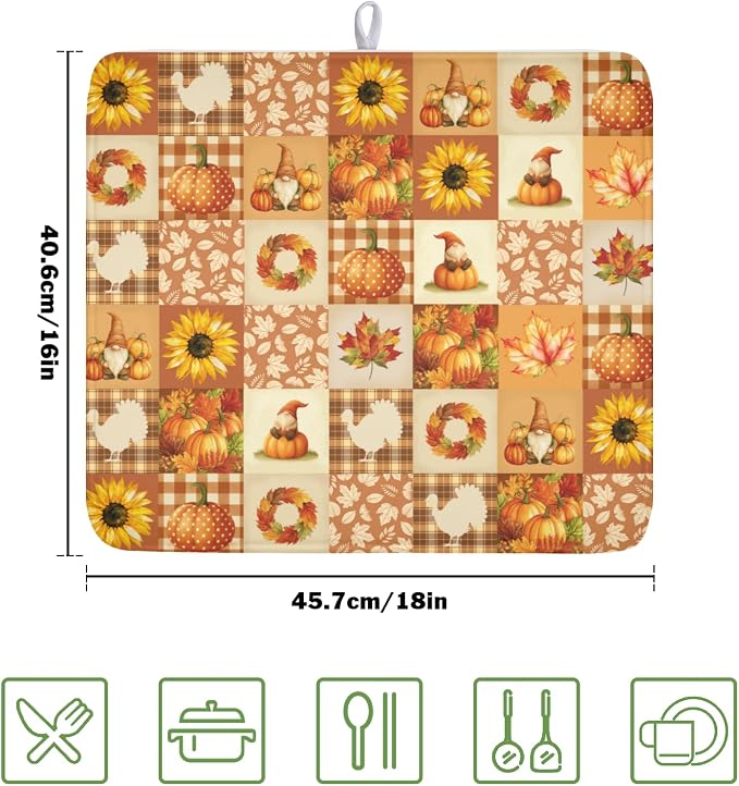 Fall Thanksgiving Dish Drying Mat for Kitchen Counter Autumn Harvest Orange Dish Drainer Mat Rustic Absorbent Washable Drying Pad 16"x18"