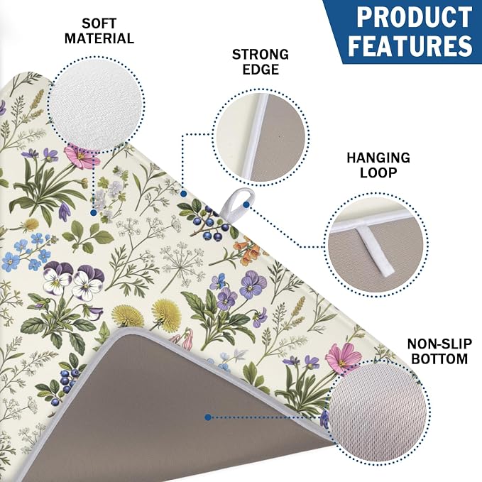 Rustic Botanical Print Floral Dish Drying Mat 18x24 Inch | Polyester，Absorbent Microfiber，for Kitchen Coffee Dining Bar Decor