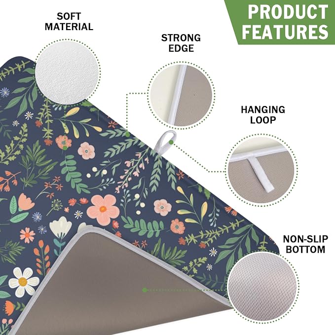 Floral Dish Drying Mat for Kitchen Counter Rustic Flower Leaves Print Microfiber Dish Drainer Mat Farmhouse Floral Absorbent Washable Drying Pad 16"x18"