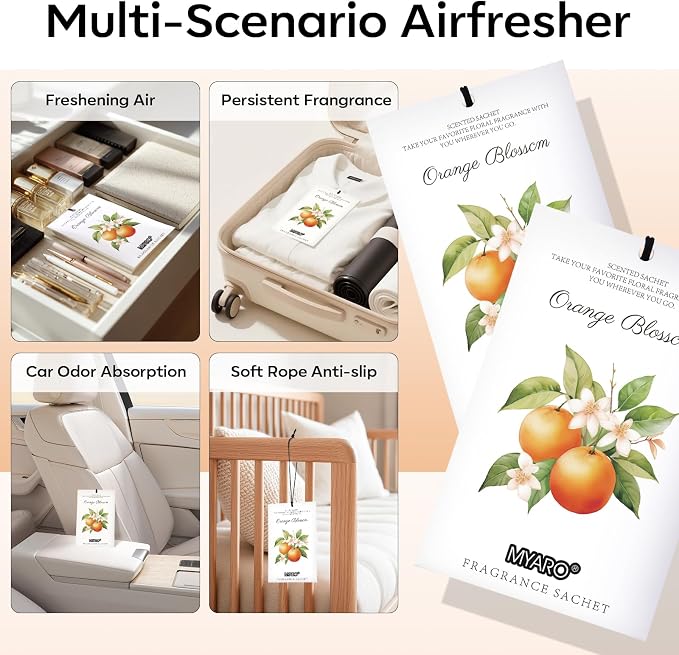 MYARO 12 Packs Orange Scented Sachets - Fragrance for Closet, Drawer, Bathroom, Car - Air Freshener Deodorizer Packets