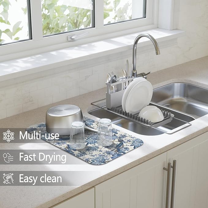 Dish Drying Mat 2-Pack, Chinoiserie For Kitchen Counter Absorbent Dishes | Diatom Mud Mats (18x24, 19.5x12"). Non-slip rubber back for kitchen counter, coffee bar & sink scenes