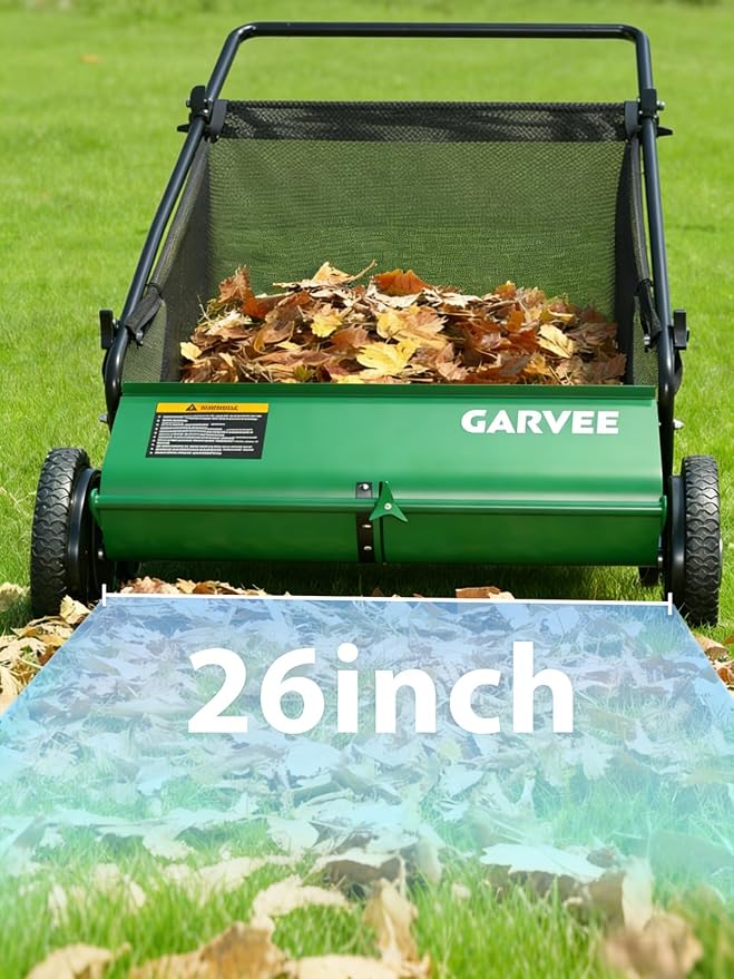 Garvee Push Lawn Sweeper,26-Inch Width Enhanced 4-Brush System with Large 7 cu. ft. Hopper Bag, Ideal for Yard and Garden Cleanup, Green | Brush Height Adjustment, All-Terrain Suitable, 7 cu.ft Hopper Bag, Durable Steel Frame, Easy Setup, Compact & Spa...