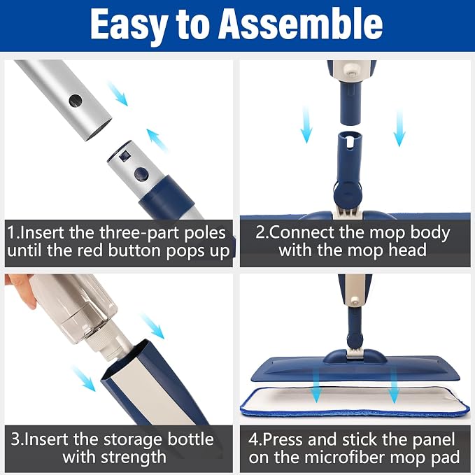 Wet Spray Mop for Floor Cleaning with 14 oz Bottle & 3 Microfiber Pads | Refillable bottle, washable pads, dry/wet use for home or commercial cleaning on hardwood, laminate, wood & ceramic floors