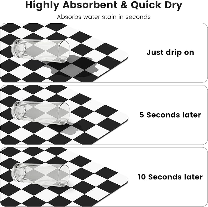Checkered Dish Mat for Kitchen Coffee Station, 16" x 24" Black | Quick Drying & Absorbent Mat for Coffee Bar Espresso Machine Countertops Accessories