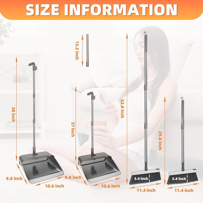Broom with Dustpan Combo Set, Lightweight Standing Metal Dust Pan with Teeth, Home Essentials Suitable for Home Kitchen Lobby Room Office, Grey