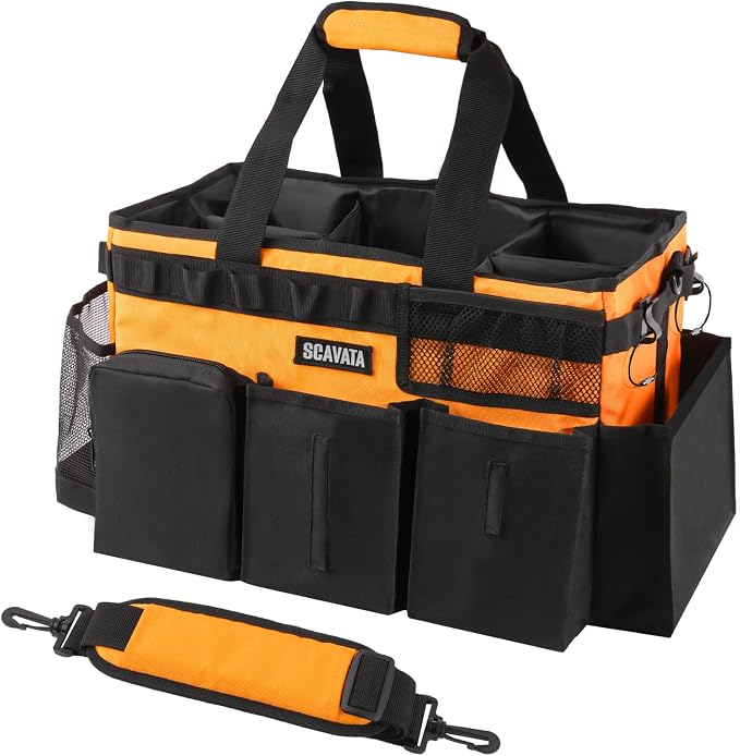 SCAVATA Wearable Cleaning Caddy Bag, Cleaning Caddy Supplies Organizer with Handle & Shoulder Straps for Housekeepers, Under Sink & Car Cleaning Tool Organizers with 4 Foldable Divider (Orange)