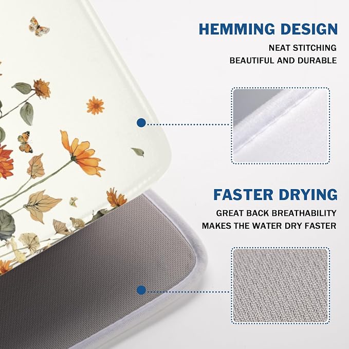 Fall Floral Dish Drying Mat for Kitchen Counter Orange Rustic Vintage Wildflower Pattern Microfiber Dish Drainer Mat Autumn Absorbent Washable Drying Pad Extra Large 18"x24"