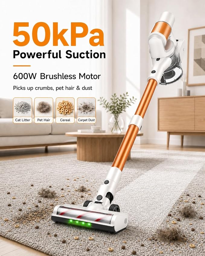 Cordless Stick Vacuum Cleaner, 2 Batteries 110 Mins for Home, Pet Hair | 600W 50KPA Powerful, Self-Standing, Tangle-Free Brush, LED Display, Vacuum Cleaner for Hardwood Floor, Carpet
