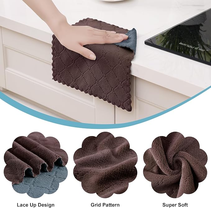 Homaxy 12 Pack Kitchen Cloths Dish Towels (10" x 10", Dark Grey & Brown), Super Soft and Absorbent Dish Cloths, Coral Velvet Microfiber Cleaning Cloth, Nonstick Oil Fast Dry Dishcloths