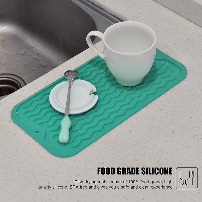 Silicone Dish Drying Mat for Multiple Usage, Easy clean, Eco-friendly, Heat-resistant Dish Drainer Mat for Kitchen Counter,Sink,Refrigerator or Drawer liner (12" x 6", Green)