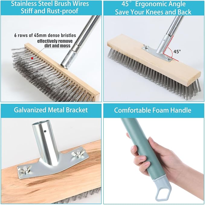 Stainless Steel Deck Scrub Brush with Long Handle, Heavy Duty Floor Scrubber Moss Remover Concrete Wire Bristle Brush for Cleaning Yard Broom Outdoor Metal Patio Scrubbing Brush
