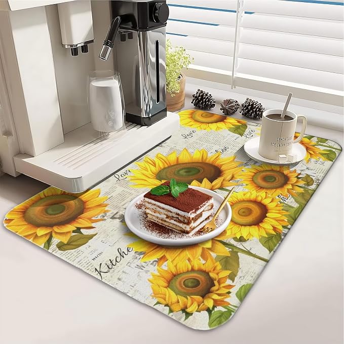 Dish Drying Mat 2-Pack in Sunflower News for Kitchen Counter Dishes Mat | Diatom Mud Mats (18x24, 19.5x12"). Non-slip rubber back for kitchen counter, coffee bar & sink scenes