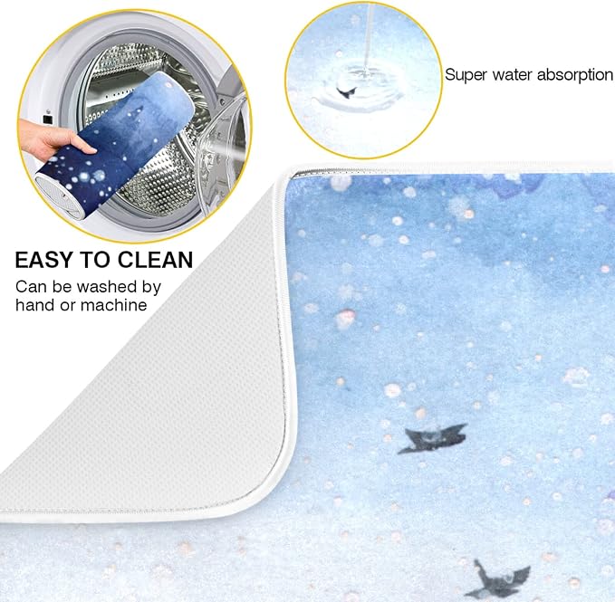 Absorbent Dish Drying Mat for Kitchen Counter - Watercolor Landscape Microfiber Drying Pad, Reversible Drainer Mats for Countertop, Small 16 x 18 inch