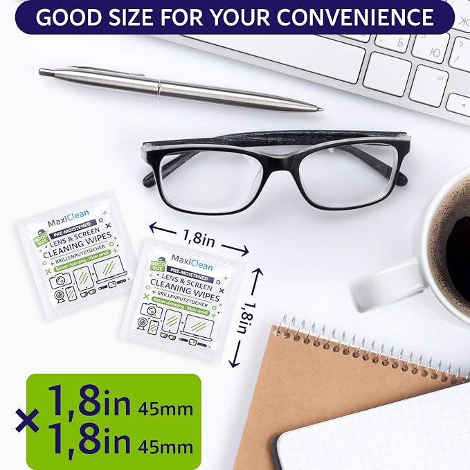 MAXI CLEAN 440 Pack Lens Wipes for Eyeglasses Pre-Moistened, Individually Wrapped Streak-Free Cleaning for Glasses & Laptop Screens, Glasses Cleaner Wipe Bulk 5.5 x 4.7 Inch, Sunglasses & Phone Wipe