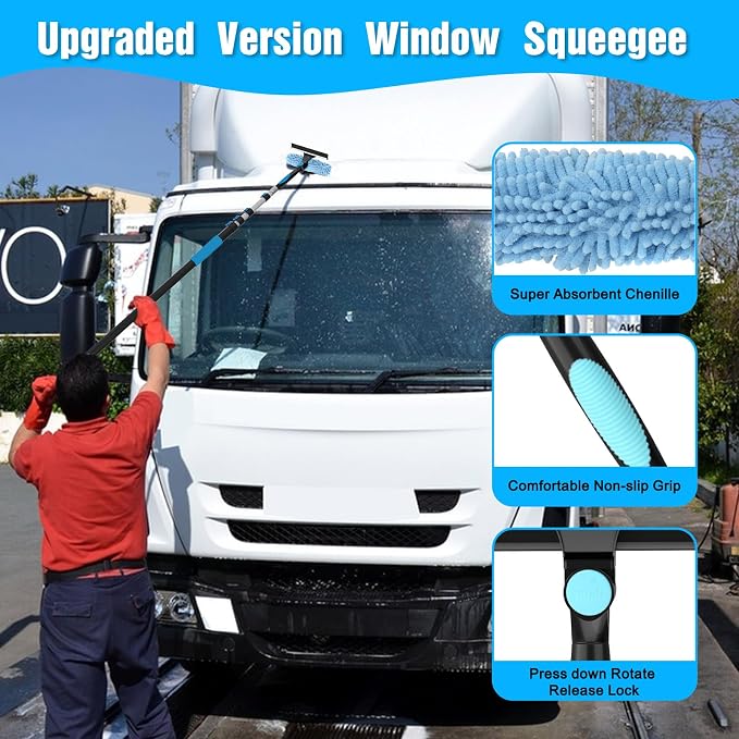 25FT Reach Window Squeegee Kit with Extension Pole, 2-in-1 Professional Washer for High Windows, 5-20FT Adjustable Reach, Rotatable Head for Indoor & Outdoor Use, Streak-Free Cleaning Tool for Home