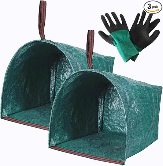 2-Pack 40-Gallon Heavy-Duty Reusable Yard Waste Bags with Gloves | For leaves, lawn, grass clippings, camping. Durable, foldable, easy carry and storage