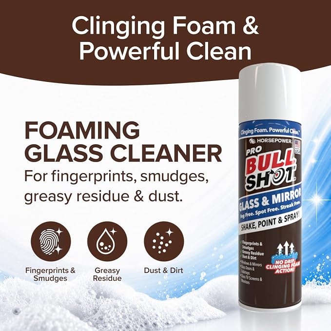 Horsepower Bull Shot Glass & Mirror Cleaner, As Seen On TV, No-Drip Foaming Glass Cleaner for Mirrors, Windows & TV Screens, Made in USA