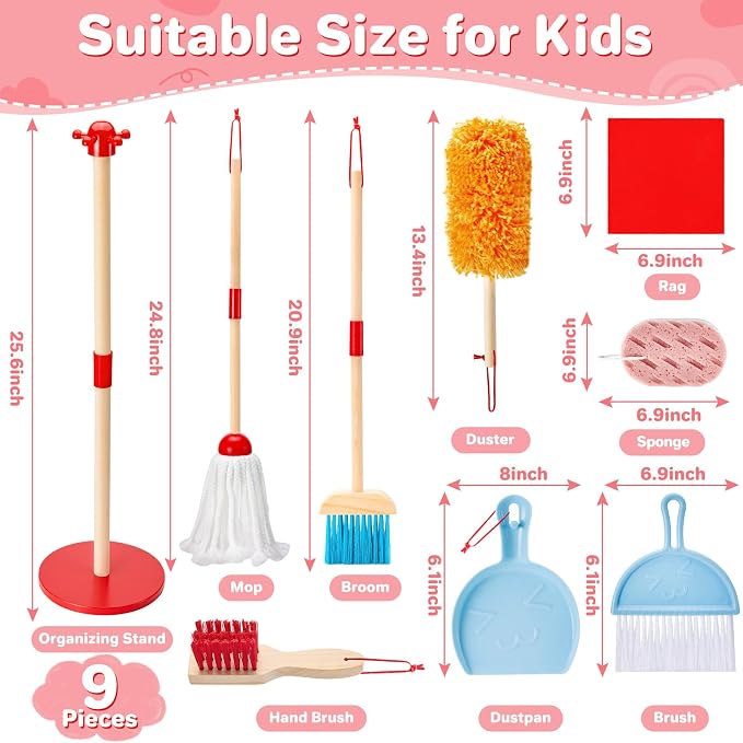 WHOHOLL Wooden Kids Cleaning Toy Set Toddler Broom and Dustpan Set for Housekeeping 9 Pcs Broom and Mop Set for Toddlers 3-6, Cleaning Toys with Sponge, Christmas Birthday Gifts for Boys Girls