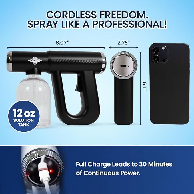 Professional Barber Disinfectant Spray Gun, Ultra Fine Mist Sprayer, Black | Continuous Spray Bottle with Blue Light, Easy to Use Lightweight and Rechargeable Sanitizer Gun, Multipurpose Fogger Machine