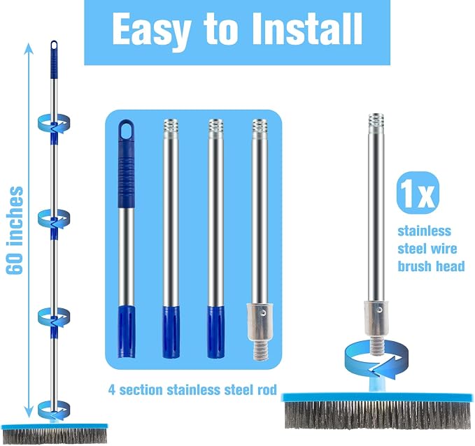 Stainless Steel Deck Scrub Brush 60In Long Handle Heavy Duty Floor Broom | Rustproof poles • Dense 6-row steel bristles • 45° head • Removes moss, grout & stains on concrete, patios, garages & boats