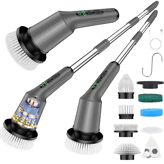 Shower Scrubber with Long Handle, Shower Cleaner Brush with 8 Floor Machine Pads, Cordless Electric Spin Scrubber for Cleaning with 2 Speed, Cleaning Supplies for Bathroom Bathtub Kitchen Floor Toilet