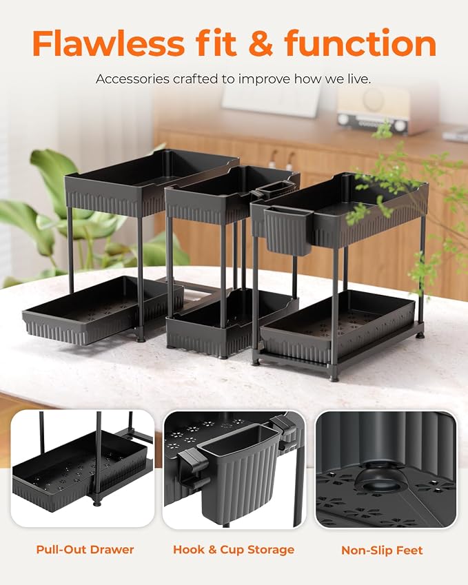 Sevenblue 3-Pack 2-Tier Under Sink Organizers with Sliding Drawers | Multi-use kitchen & bathroom storage, 12.8 inch black cabinet organizer, space-saving sliding drawer design.