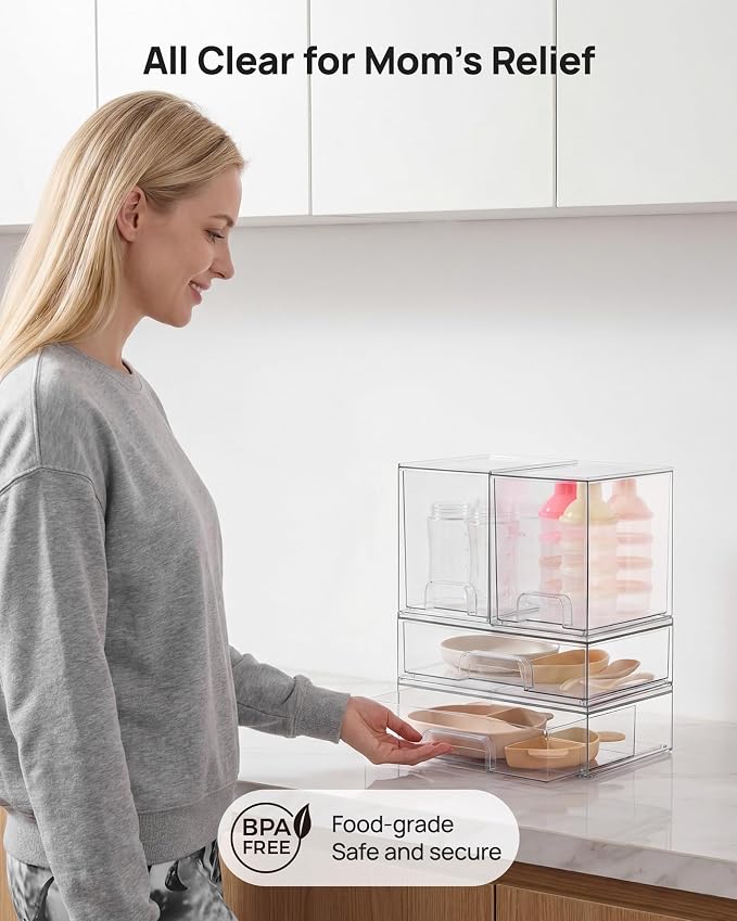 Vtopmart 8 Pack Stackable Storage Drawers Set, Clear Plastic Organizer Bins for Baby Bottle, Beauty Supplies Storage, Ideal for Kichen Countertop, Vanity, Bathroom, Cabinet, Pantry Organization