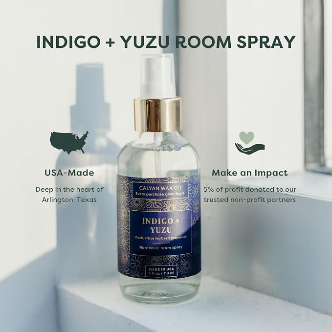 Calyan Wax Co. Indigo & Yuzu Room Spray - Natural Room Deodorizer | Long Lasting Clean Air Freshener - Room Spray for Luxurious Home Fragrance - Bedroom, Bathroom & Car Spray - 4 fl oz