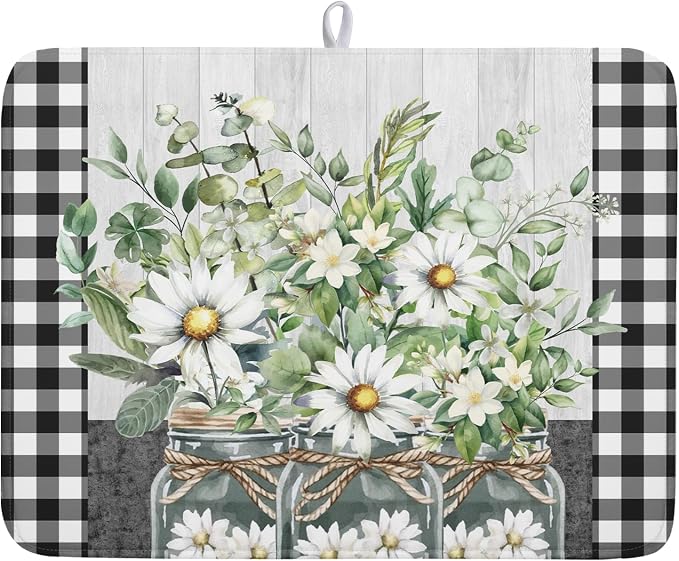 Daisy Floral Dish Drying Mat for Kitchen Counter Watercolor Flowers Absorbent Dishes Drainer Rack Mat 18x24 Inch Microfiber Dish Drying Pads Spring Kitchen Drying Dishes Pad Countertops