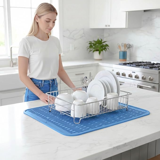 MicoYang Silicone Dish Drying Mat for Multiple Usage,Easy clean,Eco-friendly,Heat-resistant Silicone Mat for Kitchen Counter or Sink,Refrigerator or Drawer Liner Lichen BlueL 2XL 24 inches x 18 inches