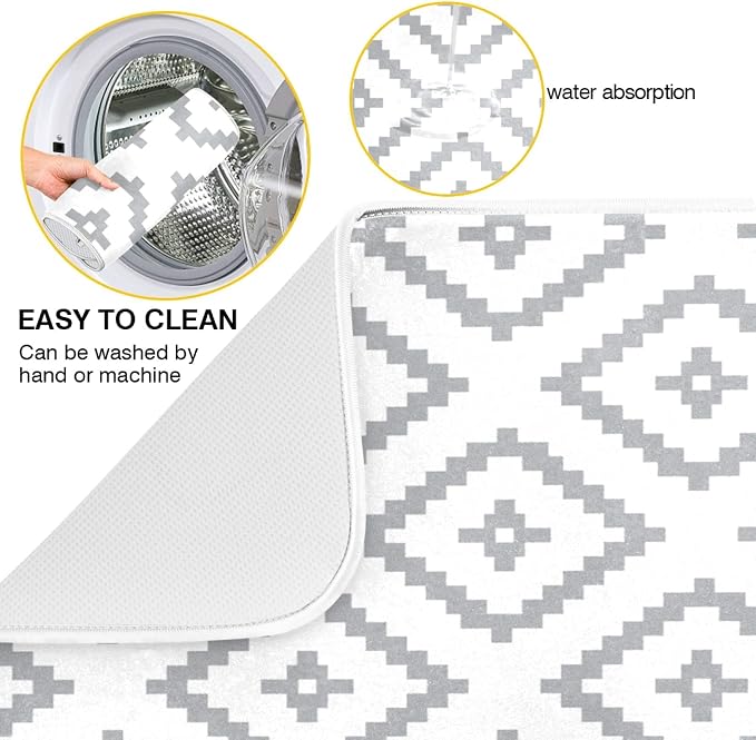 Super Absorbent Dish Drying Mat, Microfiber Fast-Drying Dish Mat, 16" x 18, Kitchen Dish Drying Pad, White Moroccan Rhombus Plaid